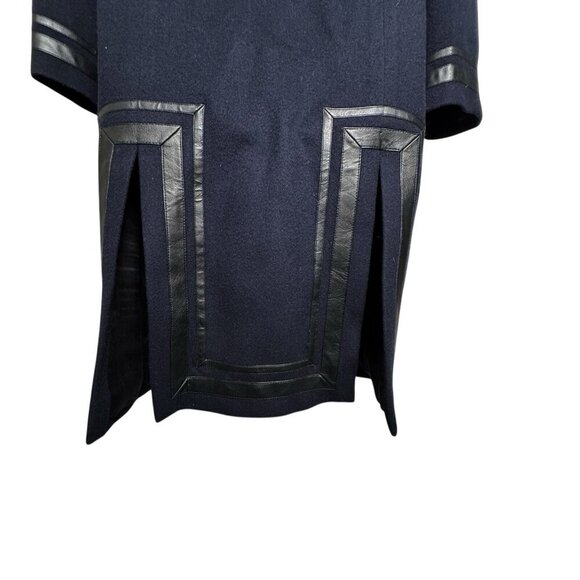 Shanghai Tang Womens Navy Blue Cashmere & Wool Coat Black leather trim Size 4 - Picture 5 of 8